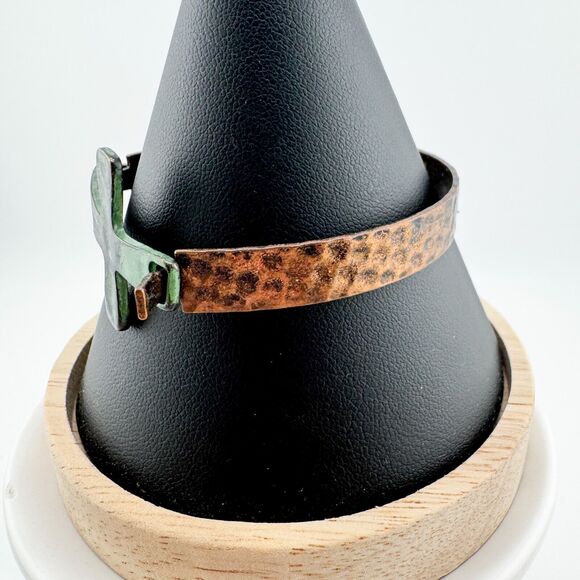 Vintage Cross Copper Bracelet Patina Brutalist Religion Rustic Retro - Picture 9 of 10